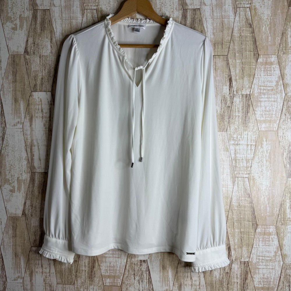Calvin Klein Womens White Long Sleeve Ruffle Neck‎ Tie Blouse Top Plus Size L